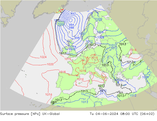 地面气压 UK-Global 星期二 04.06.2024 08 UTC