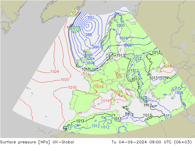 地面气压 UK-Global 星期二 04.06.2024 09 UTC