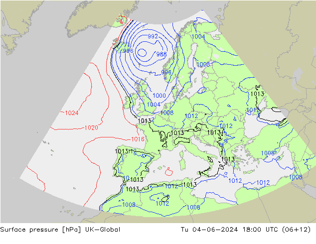 Surface pressure UK-Global Tu 04.06.2024 18 UTC