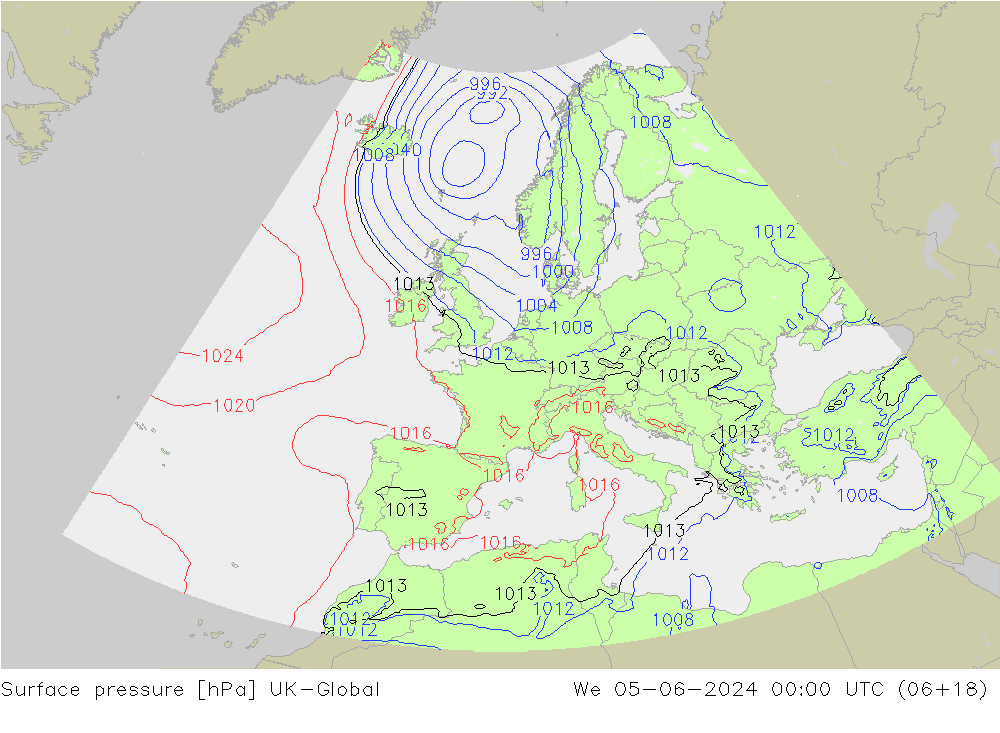 Pressione al suolo UK-Global mer 05.06.2024 00 UTC