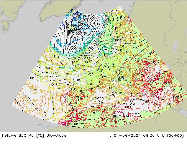 Theta-e 850hPa UK-Global Di 04.06.2024 06 UTC