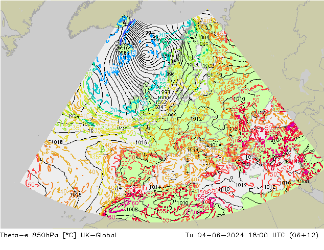 Theta-e 850гПа UK-Global вт 04.06.2024 18 UTC