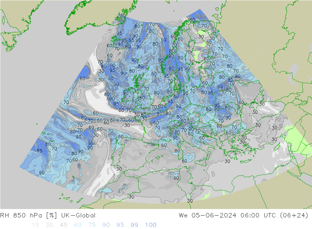 RH 850 hPa UK-Global We 05.06.2024 06 UTC