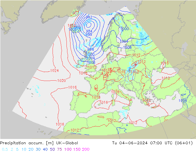 Precipitation accum. UK-Global Tu 04.06.2024 07 UTC