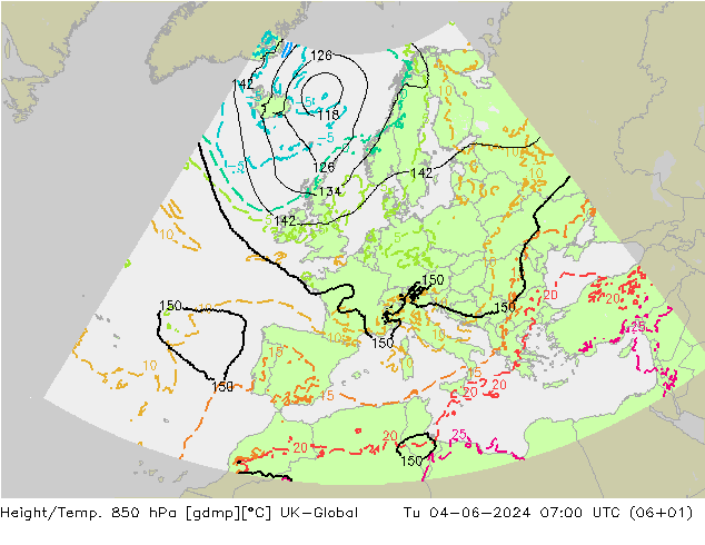 Height/Temp. 850 hPa UK-Global 星期二 04.06.2024 07 UTC