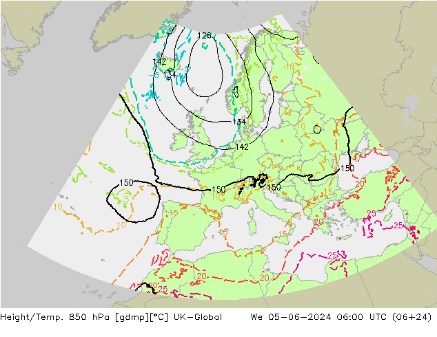 Hoogte/Temp. 850 hPa UK-Global wo 05.06.2024 06 UTC