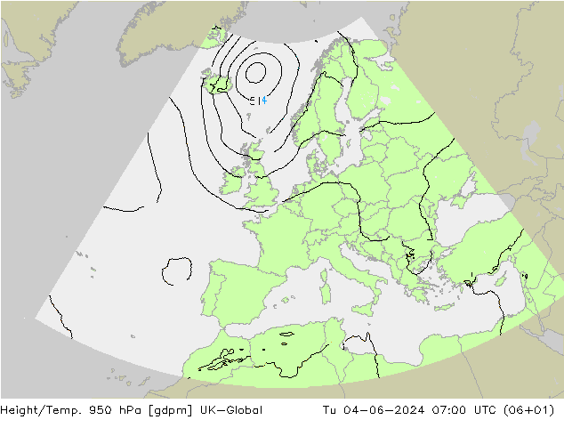 Geop./Temp. 950 hPa UK-Global mar 04.06.2024 07 UTC