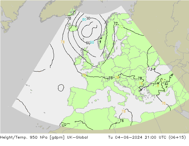 Height/Temp. 950 hPa UK-Global wto. 04.06.2024 21 UTC