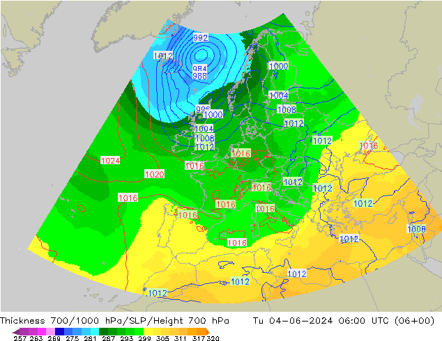 Thck 700-1000 hPa UK-Global mar 04.06.2024 06 UTC