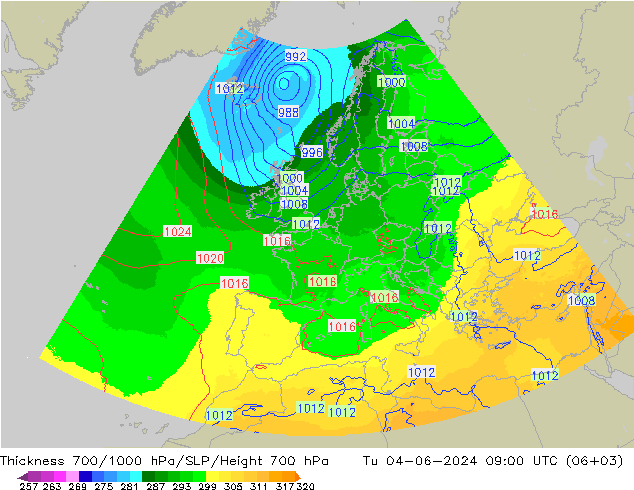Schichtdicke 700-1000 hPa UK-Global Di 04.06.2024 09 UTC