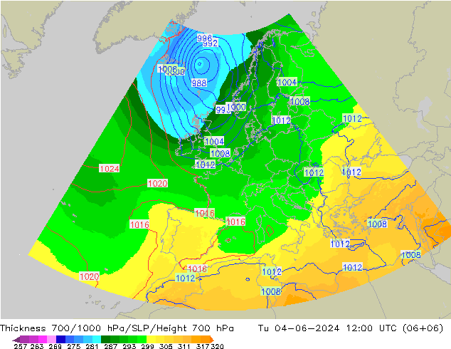 Dikte700-1000 hPa UK-Global di 04.06.2024 12 UTC