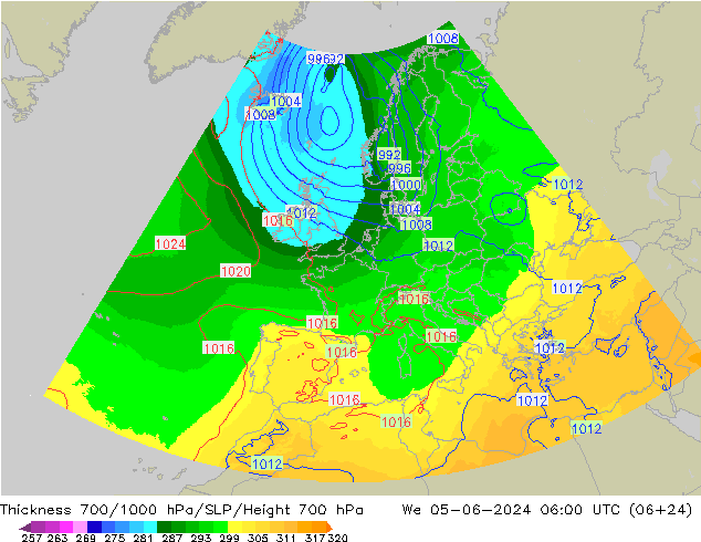 Thck 700-1000 hPa UK-Global mer 05.06.2024 06 UTC