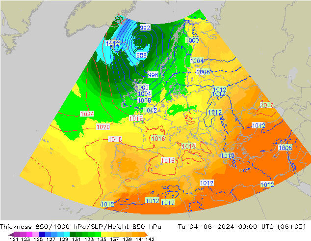 Thck 850-1000 hPa UK-Global Tu 04.06.2024 09 UTC