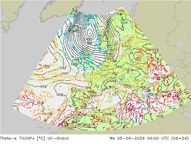 Theta-e 700hPa UK-Global 星期三 05.06.2024 06 UTC