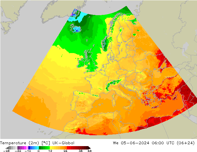 température (2m) UK-Global mer 05.06.2024 06 UTC