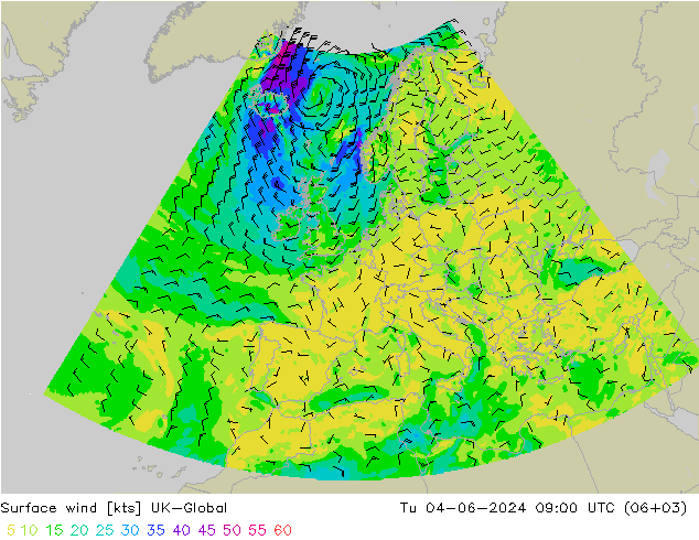 Viento 10 m UK-Global mar 04.06.2024 09 UTC