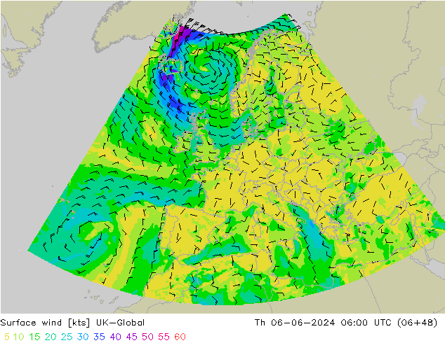 Surface wind UK-Global Th 06.06.2024 06 UTC