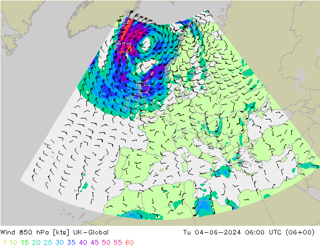 Wind 850 hPa UK-Global Tu 04.06.2024 06 UTC