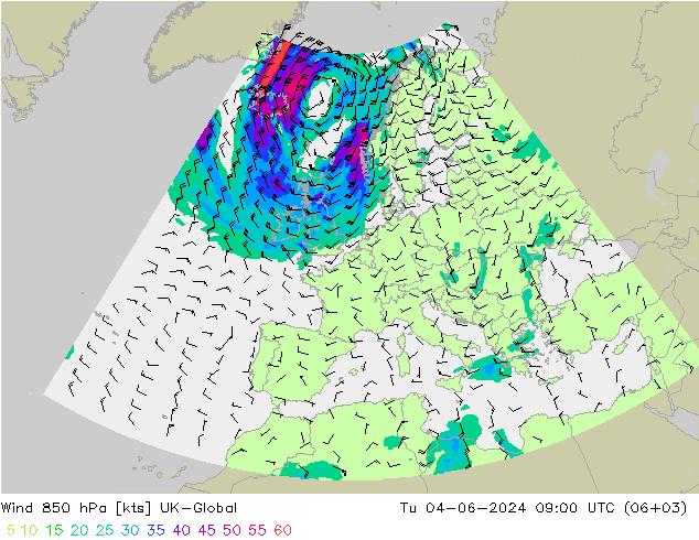 Rüzgar 850 hPa UK-Global Sa 04.06.2024 09 UTC