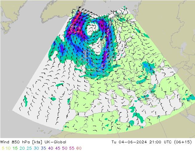 Wind 850 hPa UK-Global Tu 04.06.2024 21 UTC