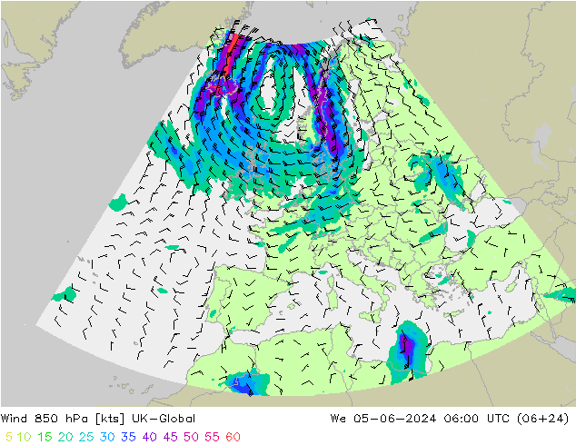 Wind 850 hPa UK-Global We 05.06.2024 06 UTC