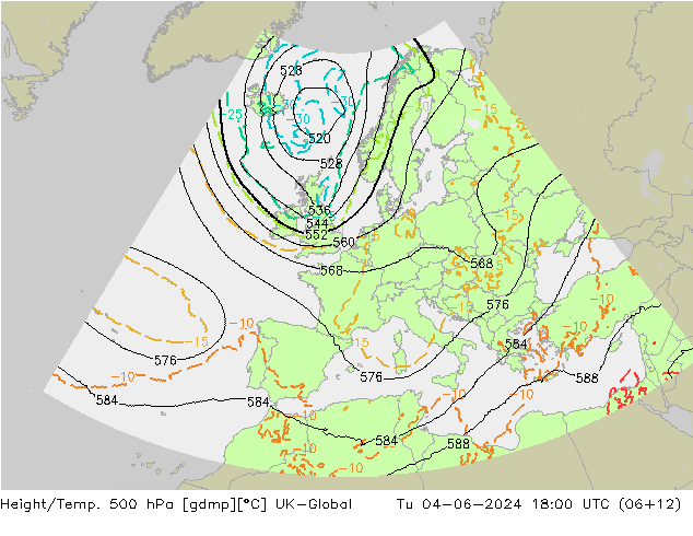 Height/Temp. 500 hPa UK-Global Tu 04.06.2024 18 UTC