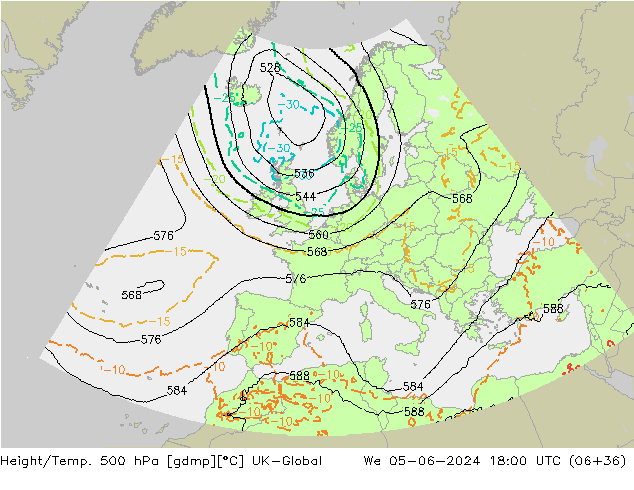 Height/Temp. 500 hPa UK-Global Mi 05.06.2024 18 UTC