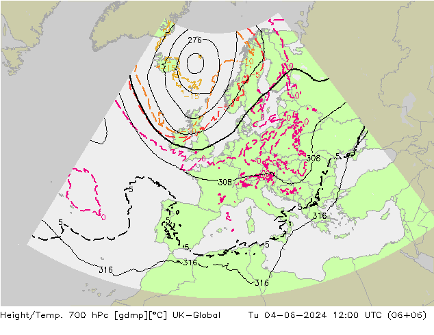 Height/Temp. 700 hPa UK-Global mar 04.06.2024 12 UTC
