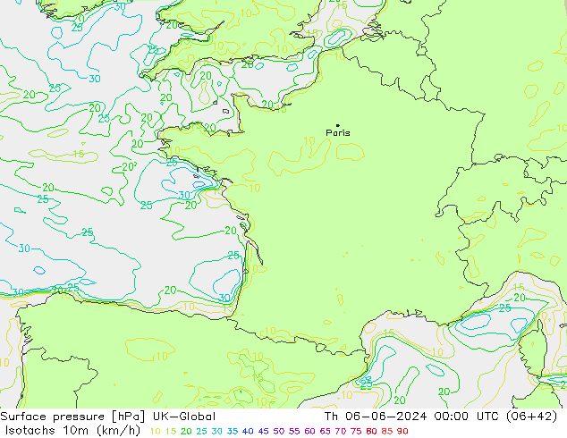 Isotachs (kph) UK-Global Th 06.06.2024 00 UTC