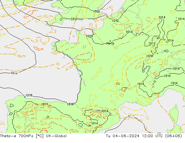 Theta-e 700hPa UK-Global Sa 04.06.2024 12 UTC