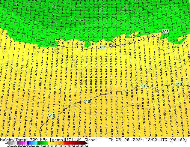 Height/Temp. 700 hPa UK-Global  06.06.2024 18 UTC