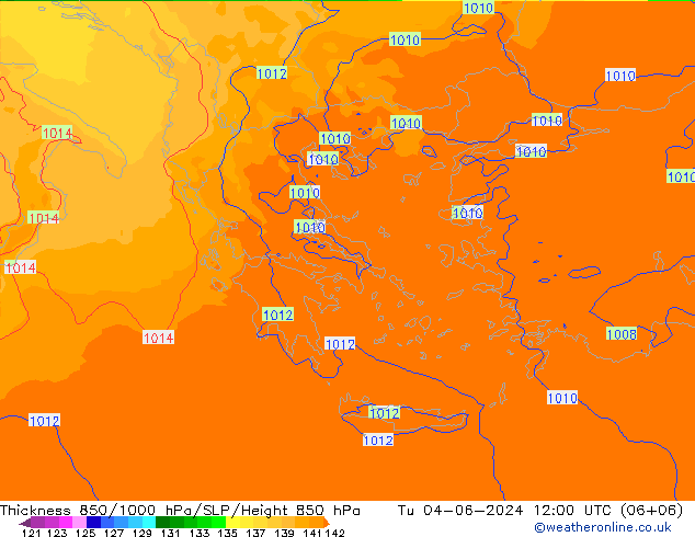 Dikte 850-1000 hPa UK-Global di 04.06.2024 12 UTC