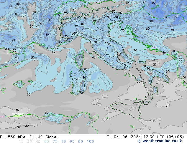 Humedad rel. 850hPa UK-Global mar 04.06.2024 12 UTC