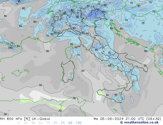 RH 850 гПа UK-Global ср 05.06.2024 21 UTC