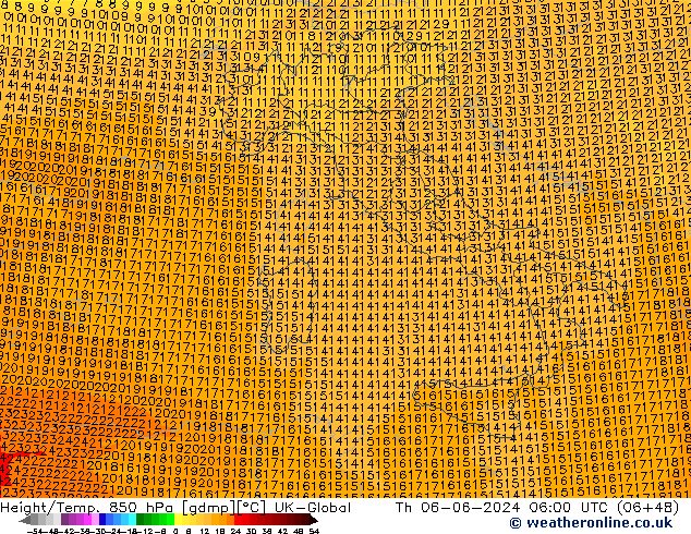 Height/Temp. 850 hPa UK-Global Th 06.06.2024 06 UTC