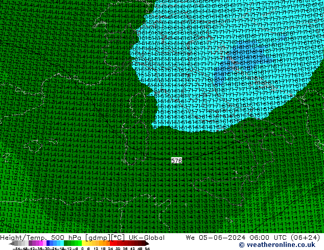 Height/Temp. 500 hPa UK-Global St 05.06.2024 06 UTC