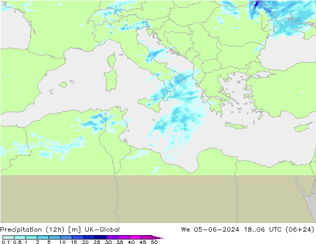 Totale neerslag (12h) UK-Global wo 05.06.2024 06 UTC