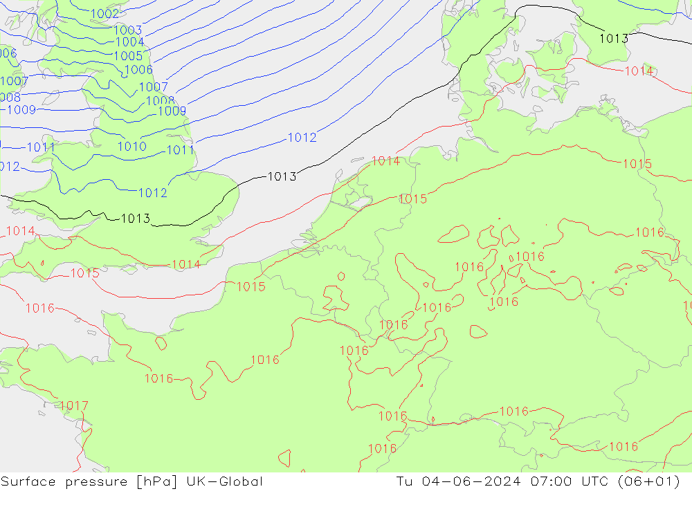 Presión superficial UK-Global mar 04.06.2024 07 UTC