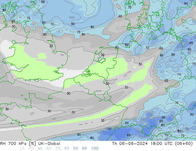 RH 700 hPa UK-Global Th 06.06.2024 18 UTC