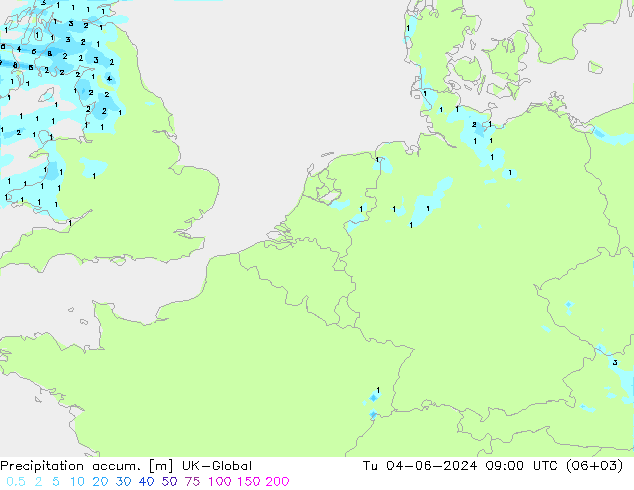 Precipitation accum. UK-Global вт 04.06.2024 09 UTC