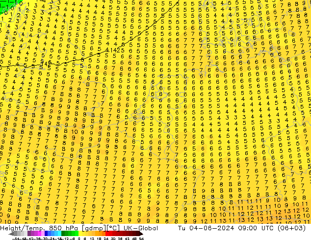 Height/Temp. 850 hPa UK-Global Di 04.06.2024 09 UTC