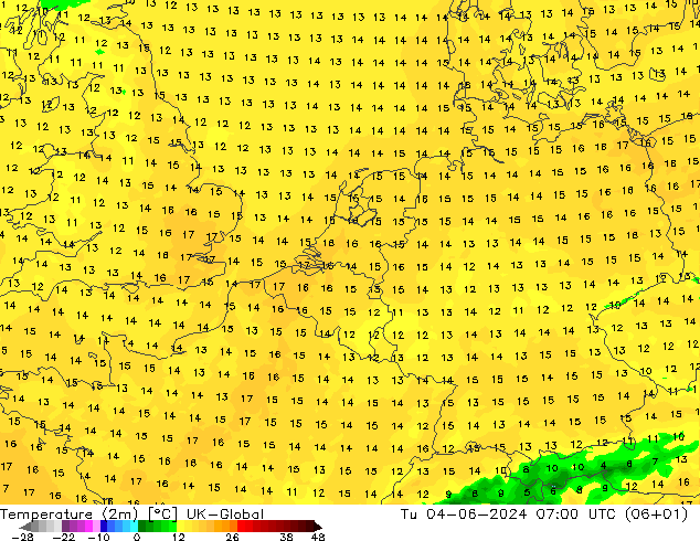 Temperatura (2m) UK-Global mar 04.06.2024 07 UTC