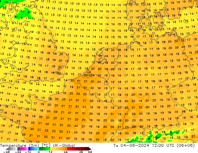 Temperature (2m) UK-Global Tu 04.06.2024 12 UTC