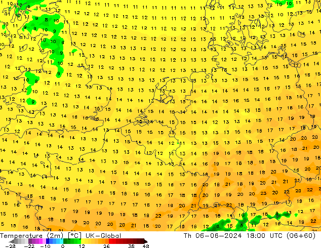 Temperature (2m) UK-Global Čt 06.06.2024 18 UTC