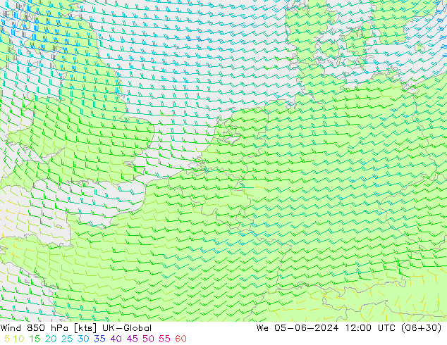 Wind 850 hPa UK-Global We 05.06.2024 12 UTC