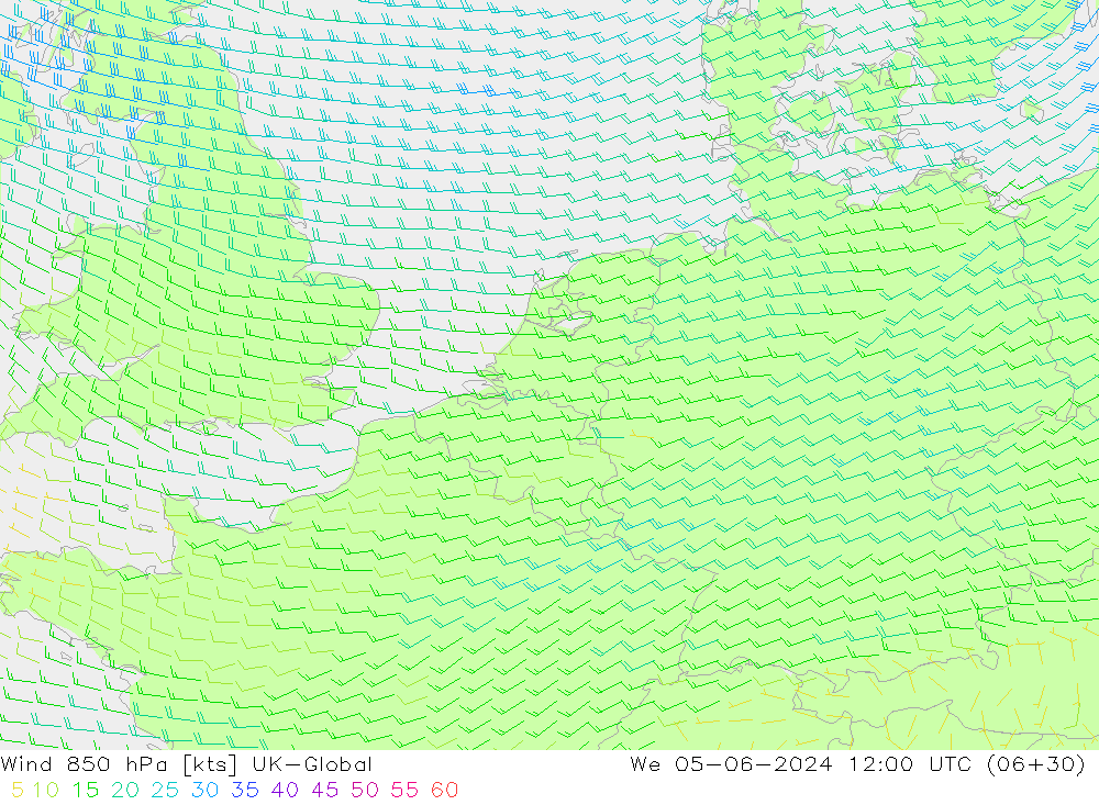 Wind 850 hPa UK-Global We 05.06.2024 12 UTC