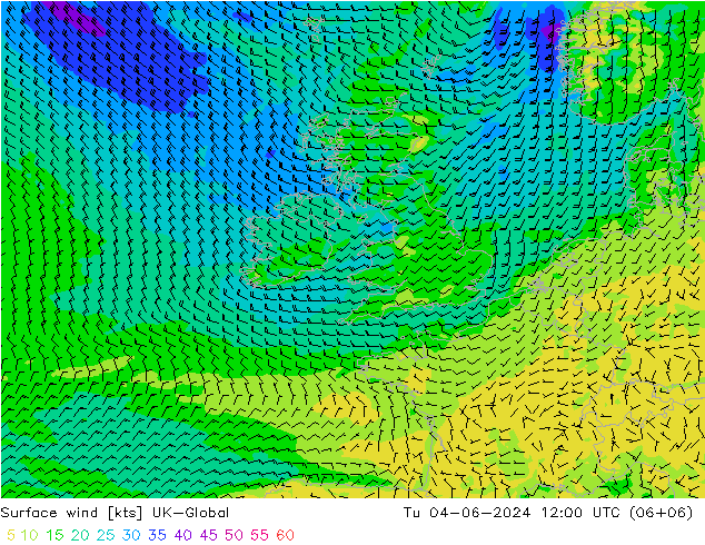 Surface wind UK-Global Út 04.06.2024 12 UTC