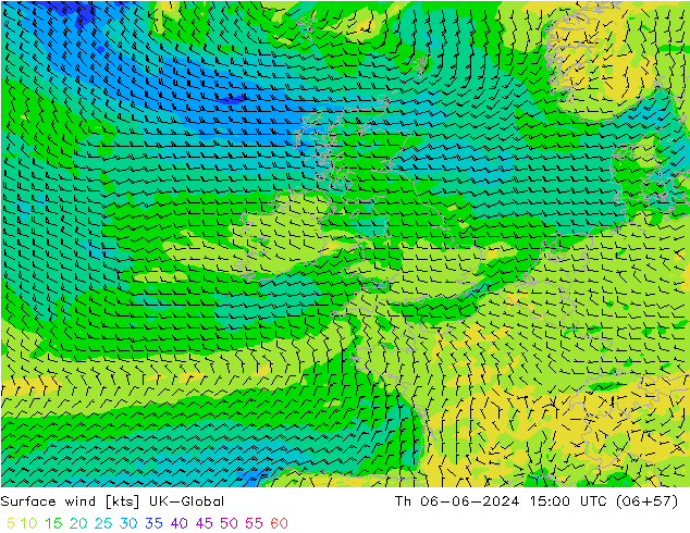 Surface wind UK-Global Th 06.06.2024 15 UTC