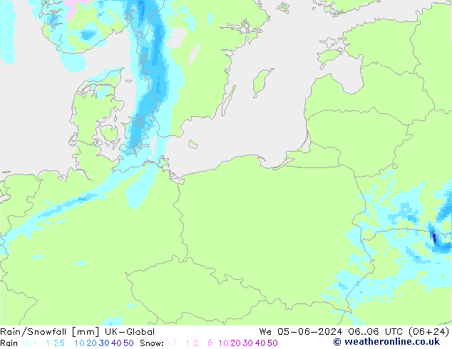 Rain/Snowfall UK-Global śro. 05.06.2024 06 UTC