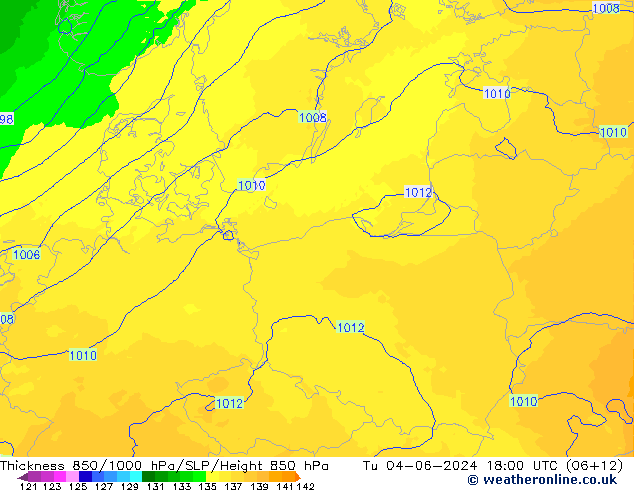 Dikte 850-1000 hPa UK-Global di 04.06.2024 18 UTC